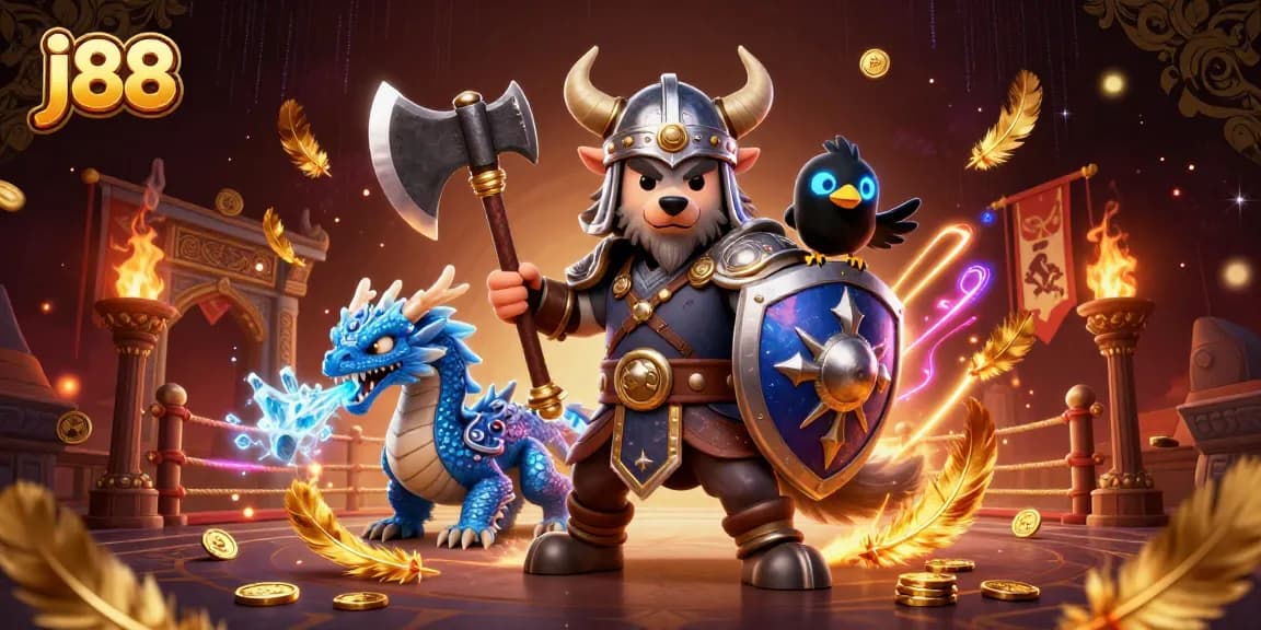 Experience the thrill of j88 with a Viking wolf warrior and fierce dragon in an action-packed 3D scene.