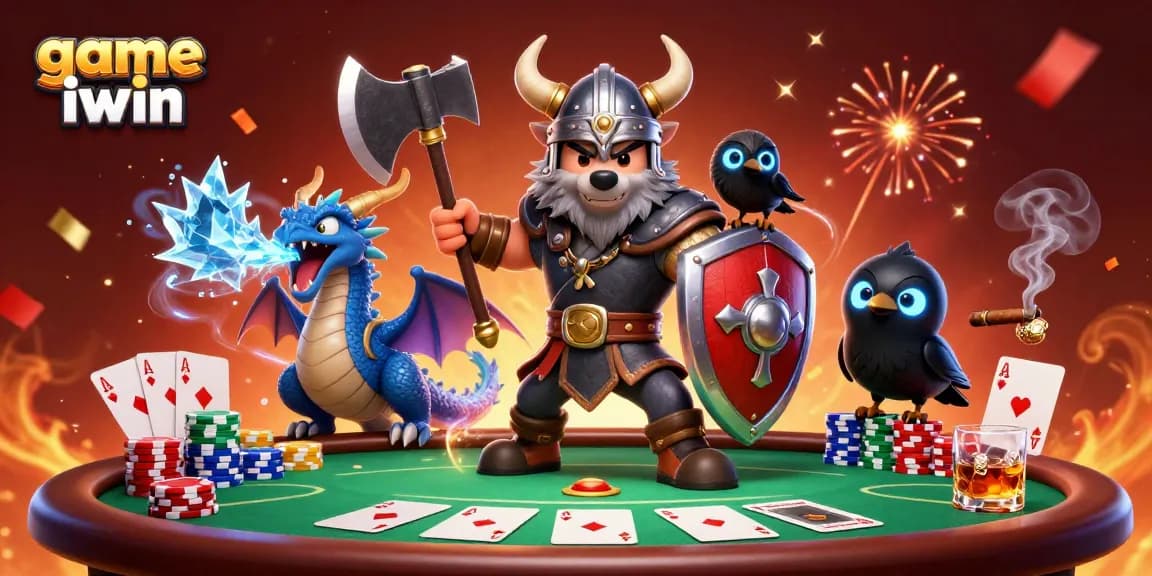 Engage in thrilling action with game iwin featuring a Viking wolf warrior alongside dragons and poker elements.
