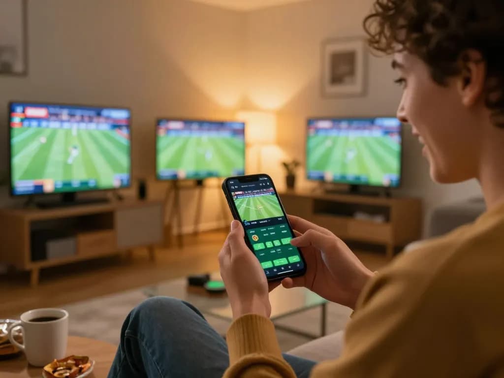Betting with ku win app on smartphone at home, showcasing a sports event and strategic choices.