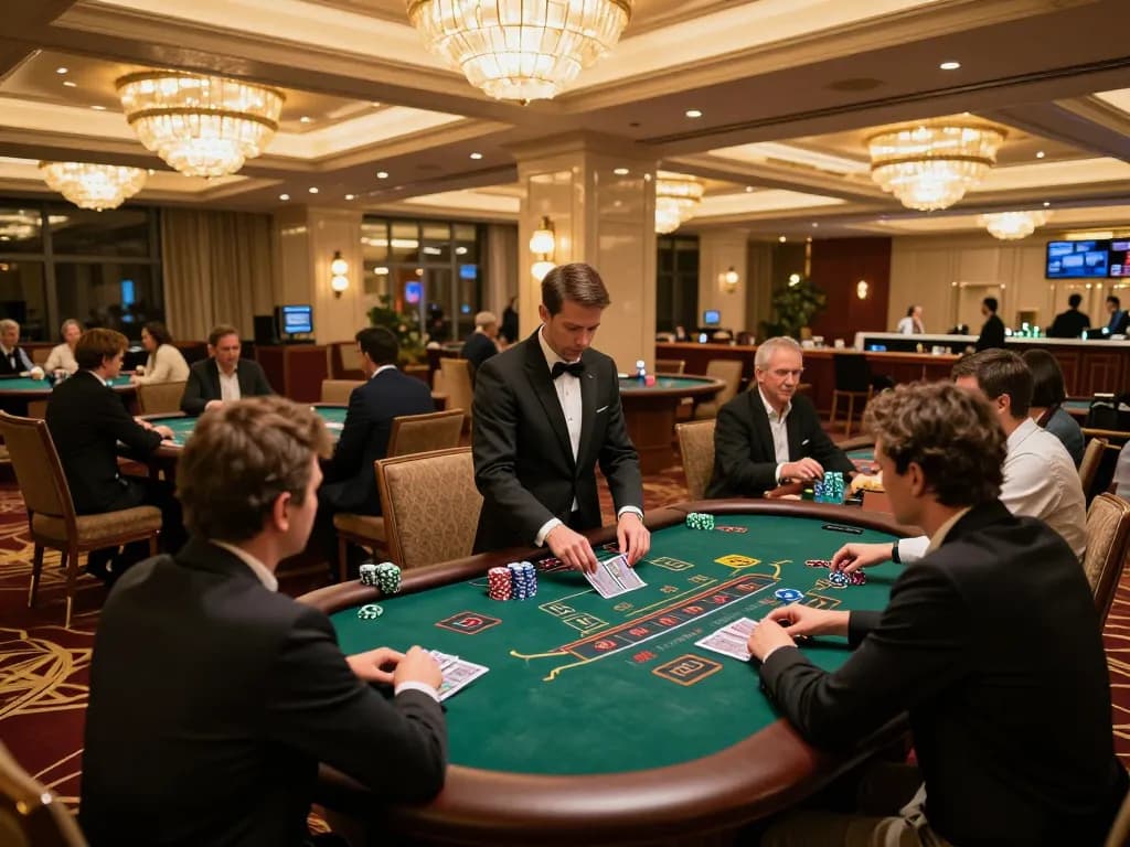 Engaging scene of players at a blackjack table in Casino with ONLINE128 gaming action.