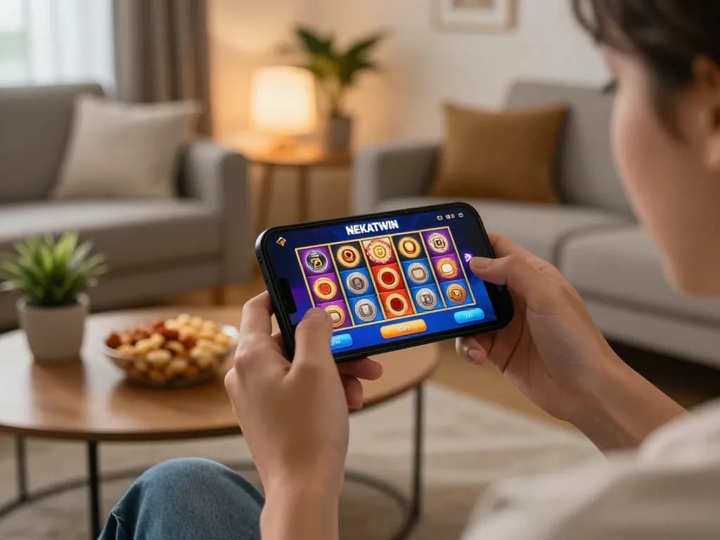 Nekatwin user engaging with mobile slots, showcasing vibrant graphics in a modern setting.