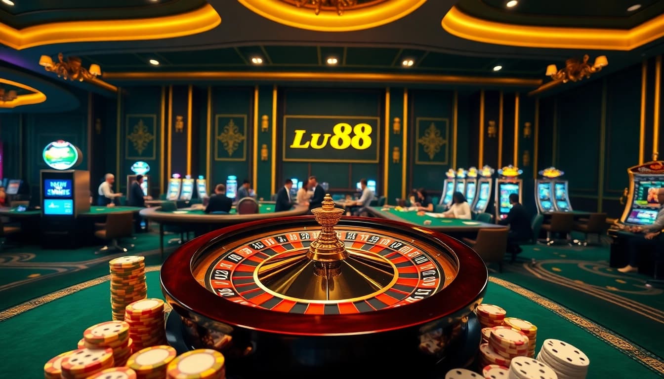 Engaging action at nhà cái lu88's vibrant gaming environment featuring roulette, poker, and slot machines.