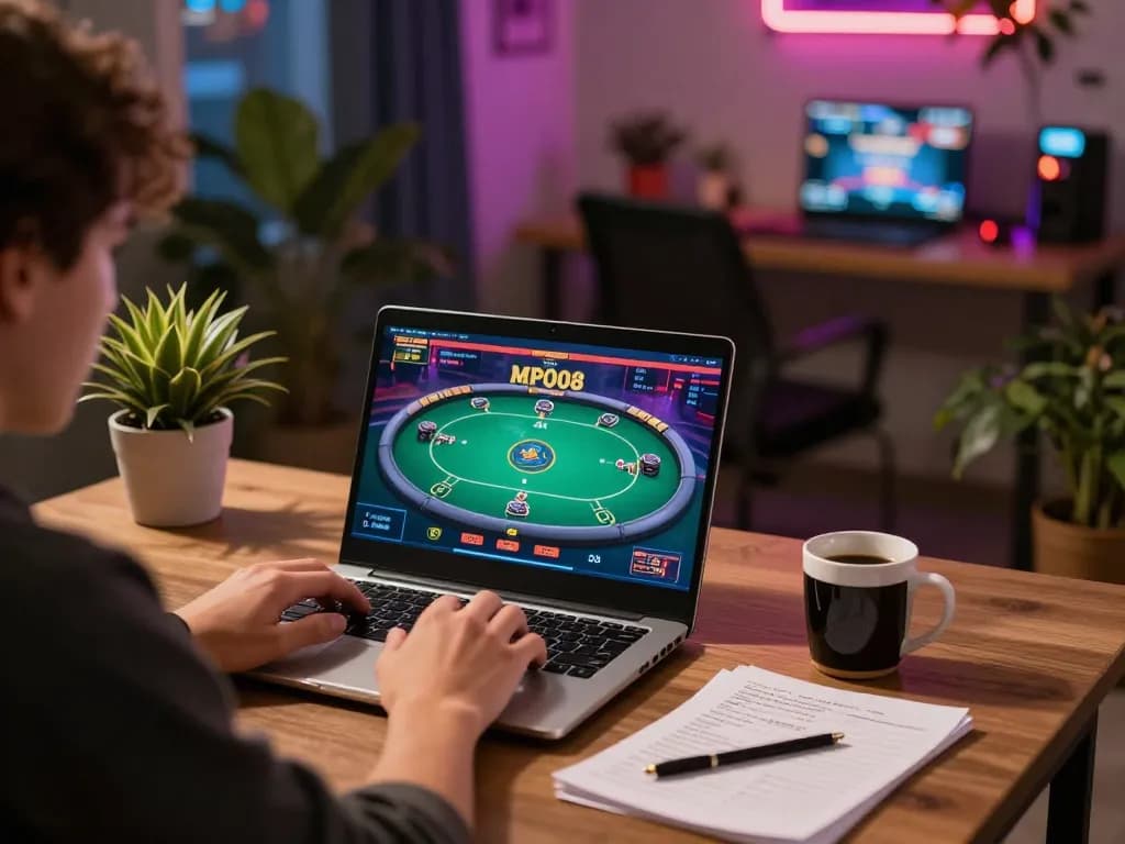 MPO08 player enjoying an interactive online gaming session on a laptop with vibrant decor.
