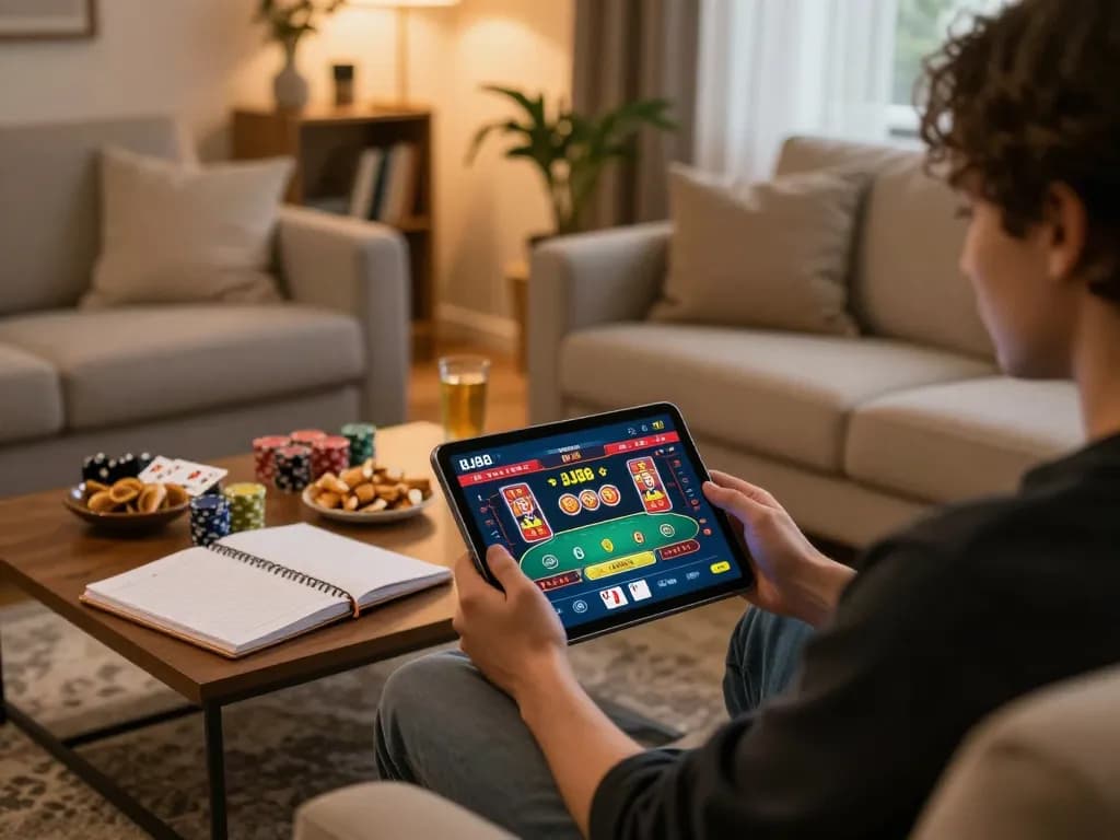 BJ88 player strategizing at home during online gaming session with tablet interface, cozy environment.