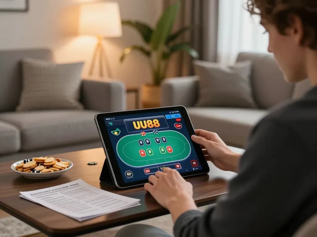 Playing poker on the UU88 tablet in a cozy living room setting