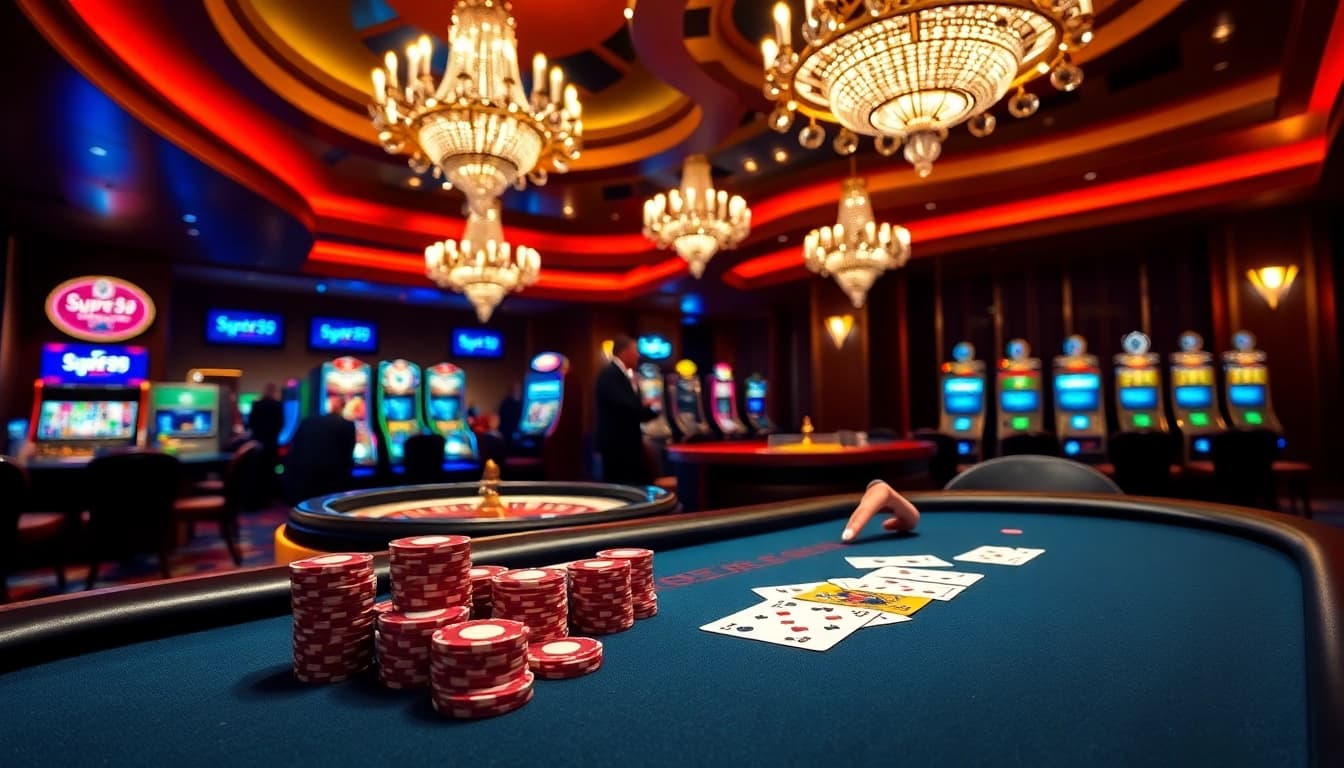Engaging casino scene with Super59 daftar showing poker game, roulette, and vibrant slots.