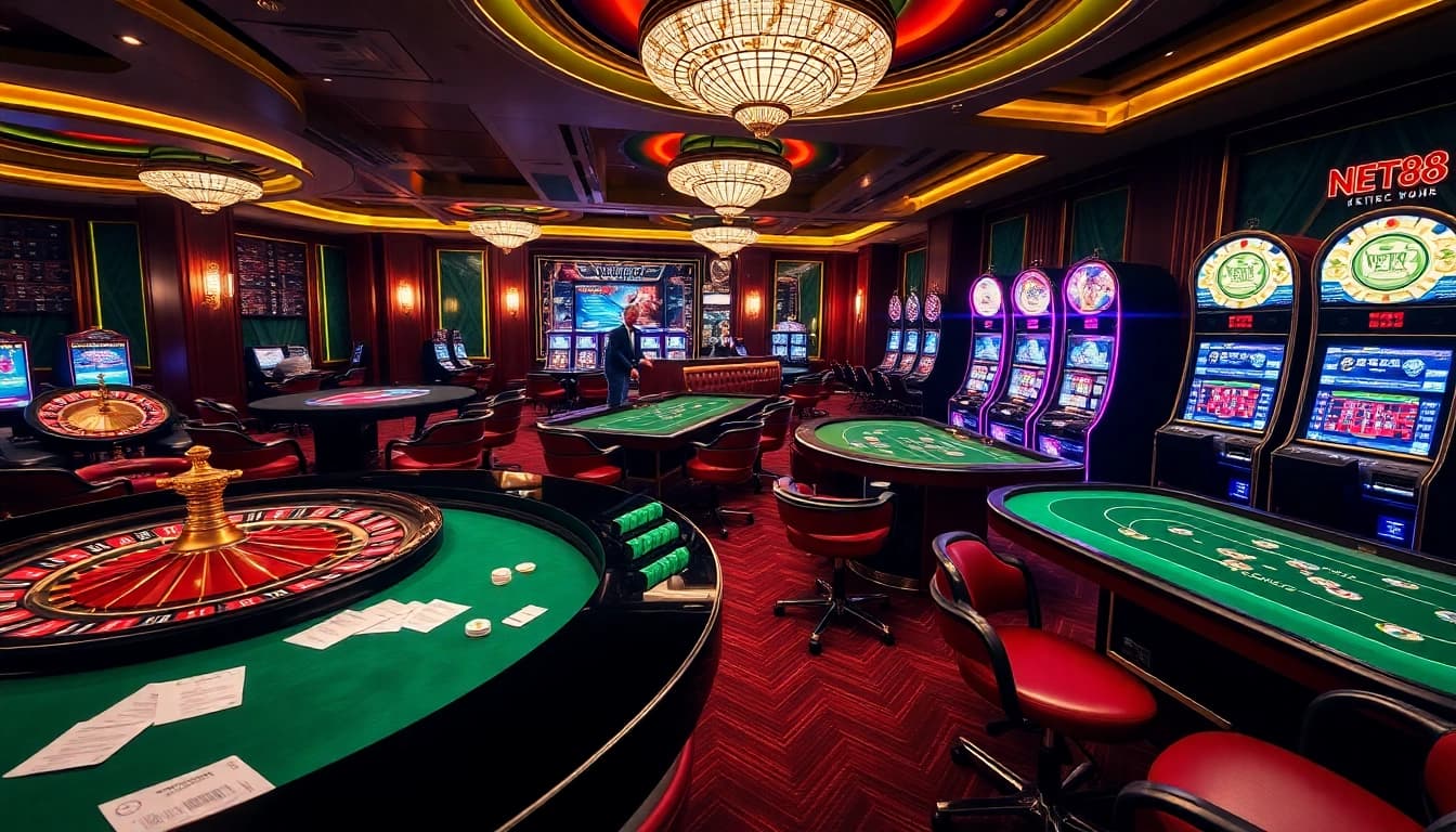 Engaging scene of NET88 online gambling with roulette wheel, poker tables, and vibrant slot machines.