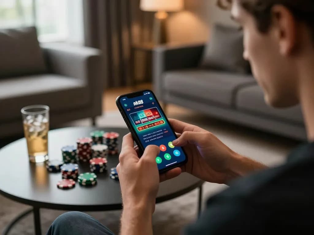 Player engaging with nk88 app on smartphone in a cozy home lounge, showcasing online gambling excitement.