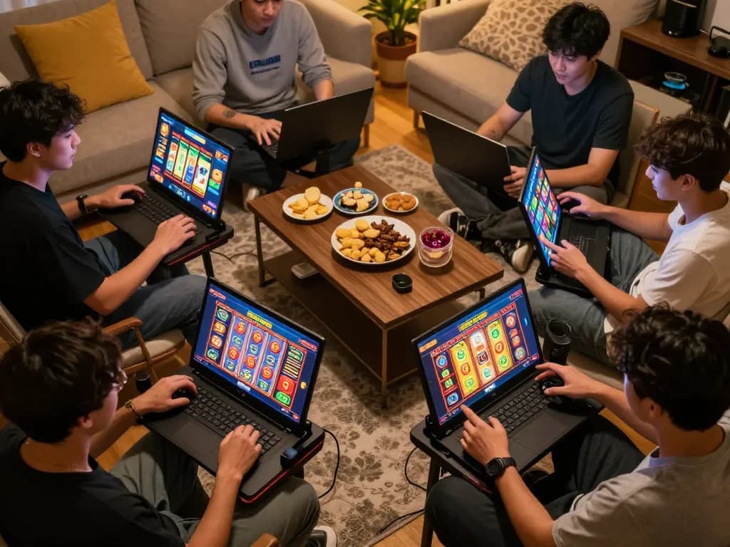 LIGALGO players enjoying exciting spins on mobile slots in a cozy home environment.