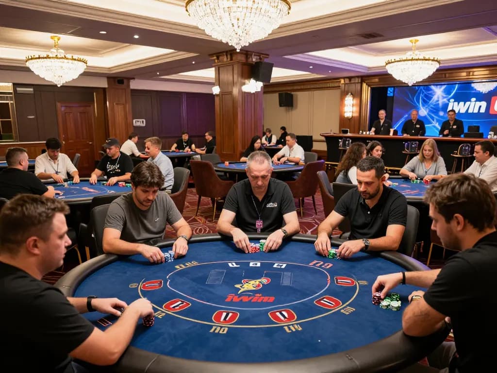 Players enjoying strategic gameplay at iwin club poker tables, vibrant casino atmosphere