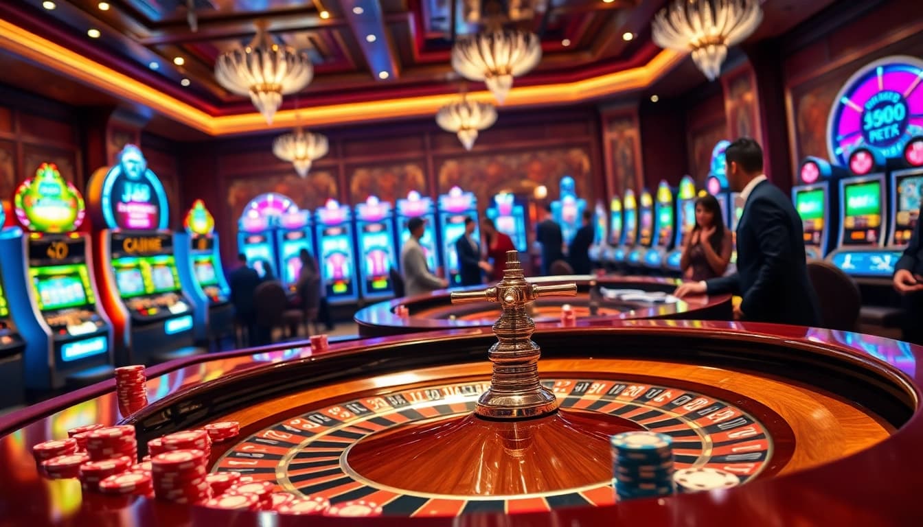 Players engage in high-stakes gambling at the luxurious j88-themed casino tables with roulette and chips.