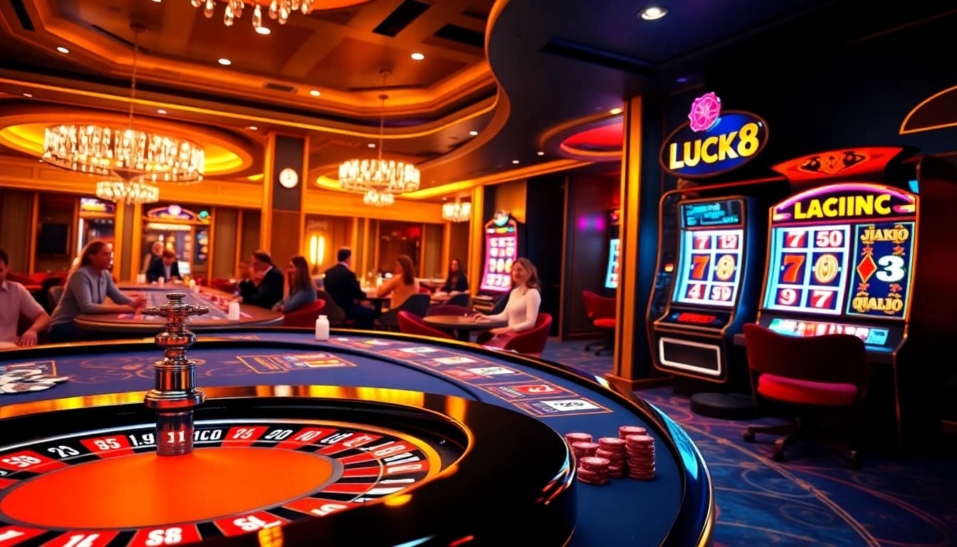 LUCK8 online casino with vibrant tables, poker chips, and an engaging gambling atmosphere.