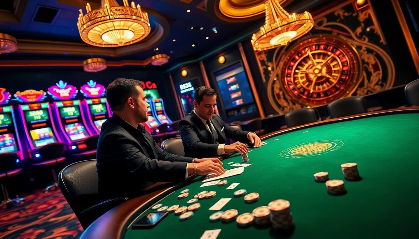 B52CLUB players enjoying a thrilling poker game at a luxurious casino.