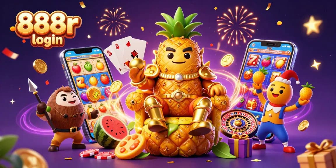Engage in the vibrant fun of the 888r login experience with a golden pineapple king and lively casino elements.