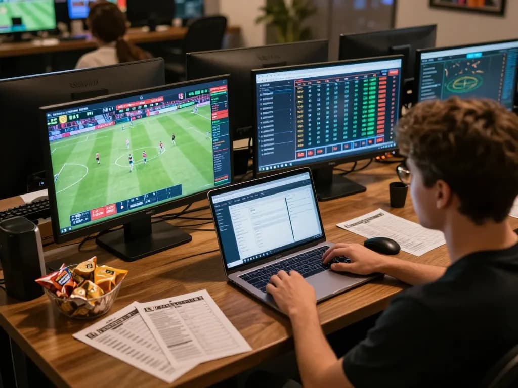 Engaged user placing bets on cacuocbongda with multiple screens displaying live sports matches.