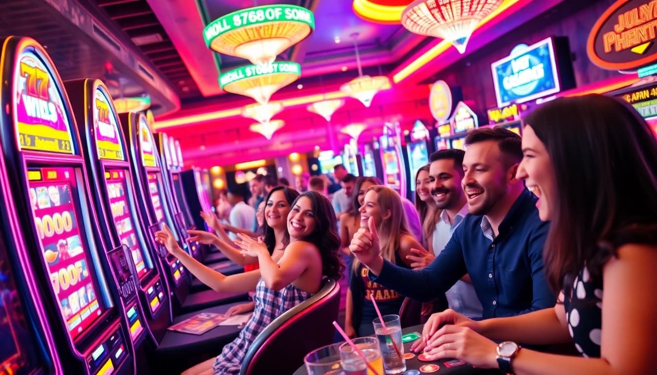 Menikmati keseruan permainan xgslot88 di kasino dengan mesin slot yang berwarna-warni dan suasana yang meriah.