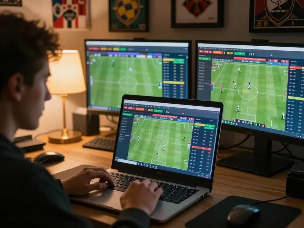 Engaging keonhacai sports betting analysis with live odds on laptop for football games.