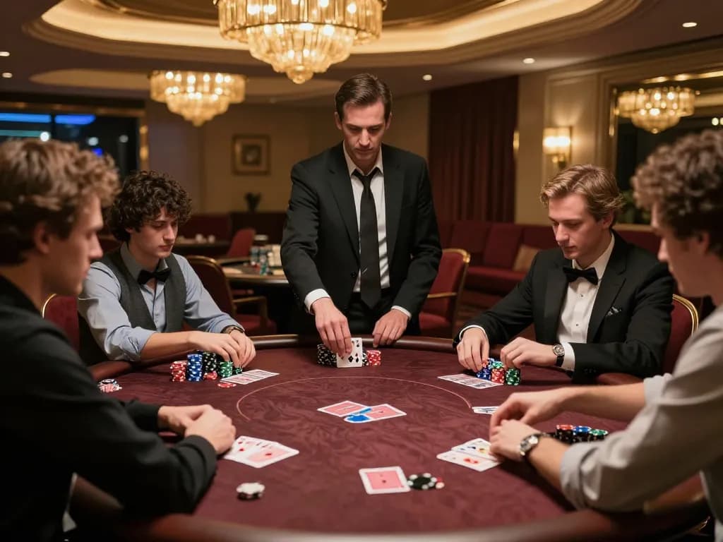 sunwin poker players focused on cards with chips stacked in a luxurious casino setting