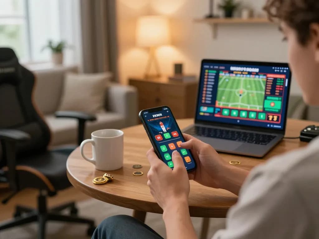 Player engaging with the KKWIN app during an online gambling session at home, showcasing a strategic betting moment.