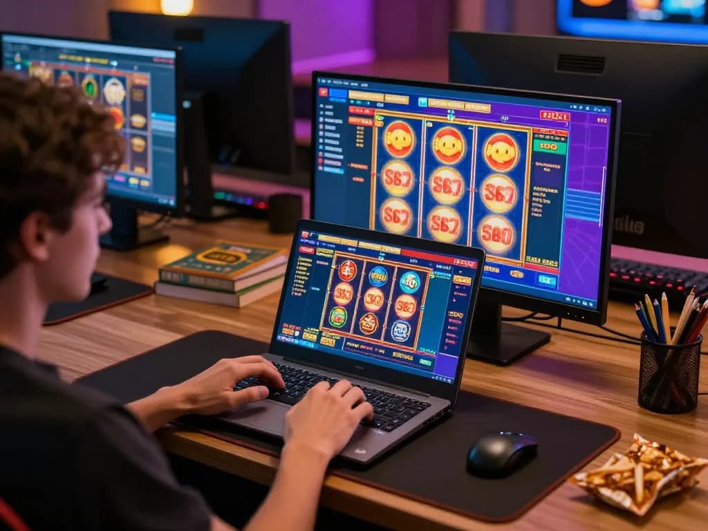 Engaging SC88 online gaming scene with laptop showing casino games and player in focus.