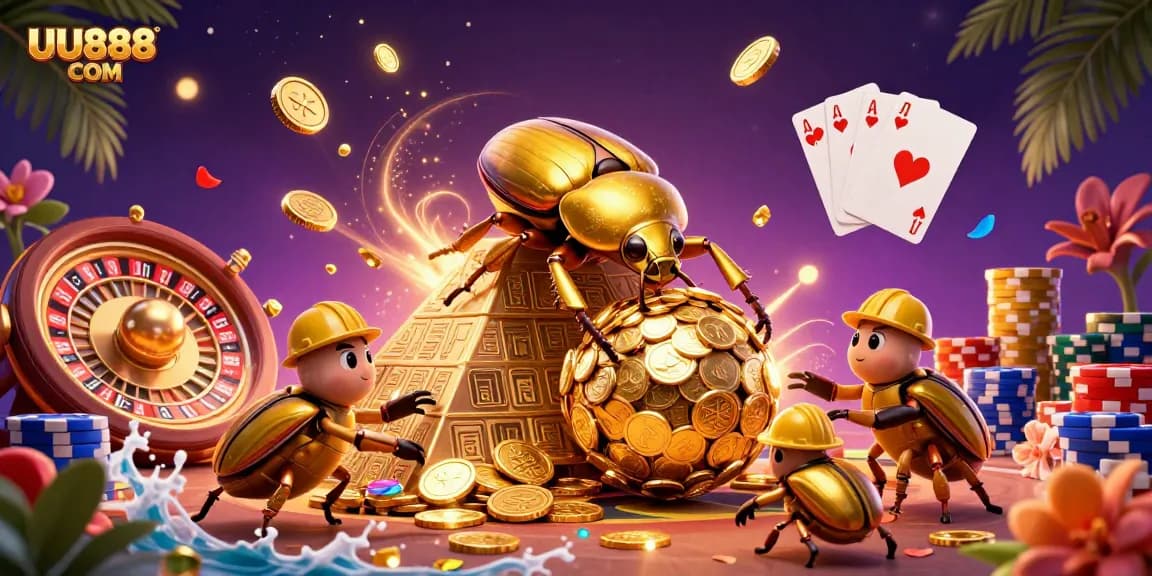Experience excitement at UU888 COM with golden beetles and casino symbols in this vibrant illustration.
