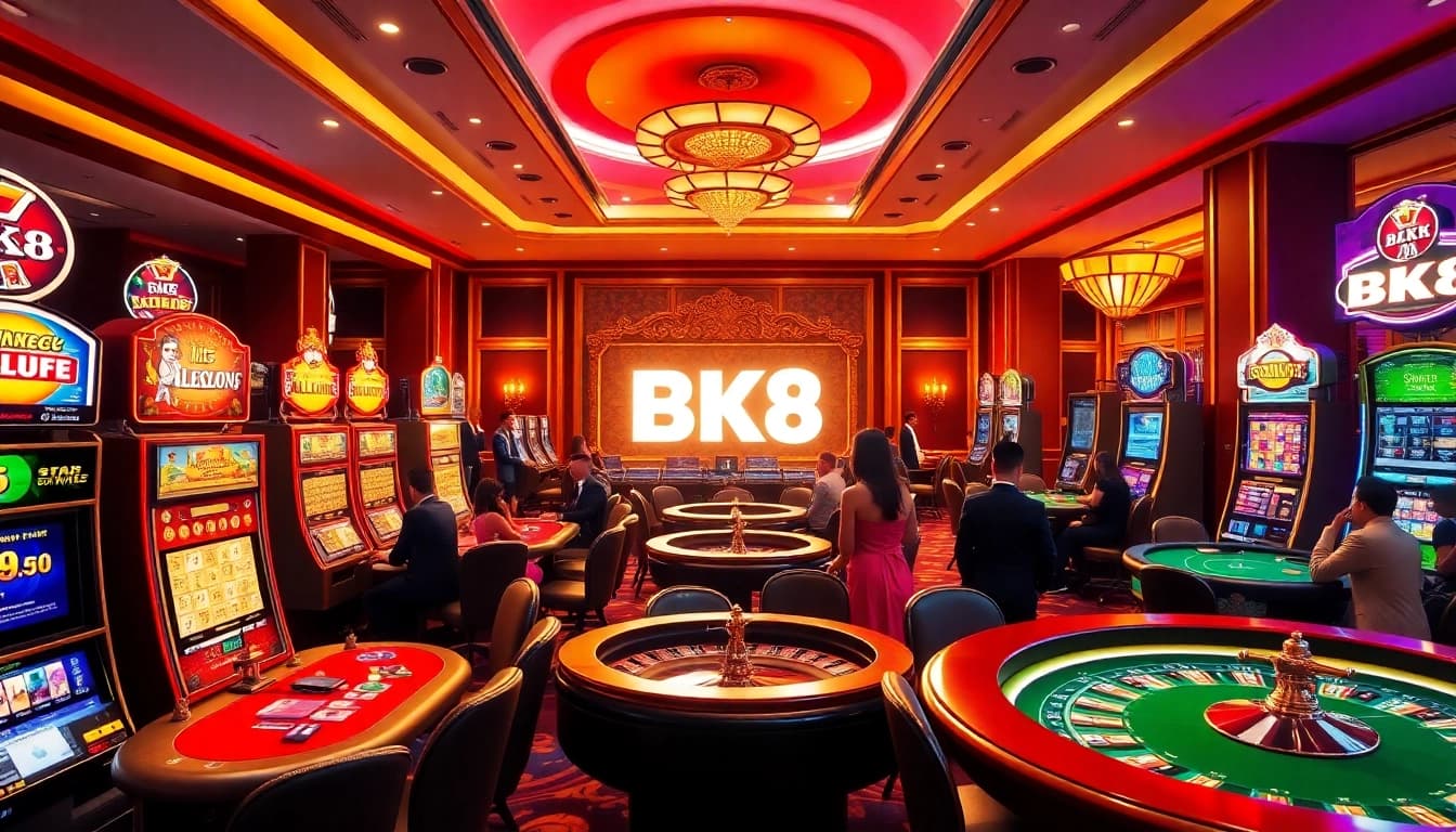 Excited players engage in thrilling games at bk8 Thailand, where slot machines and poker tables abound.