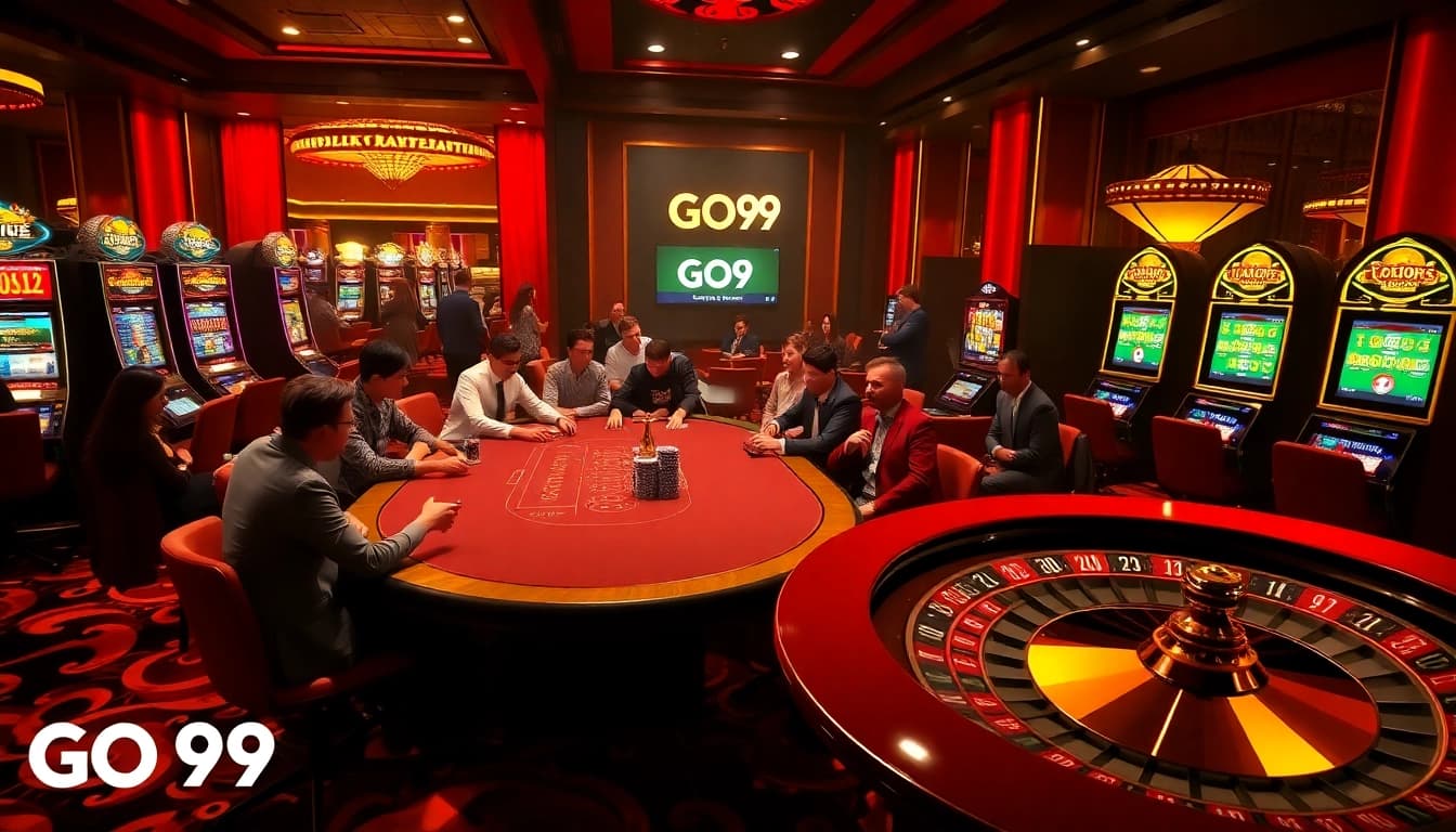 Excited players engaging at a luxurious Go 99 casino table, showcasing thrilling gambling action.