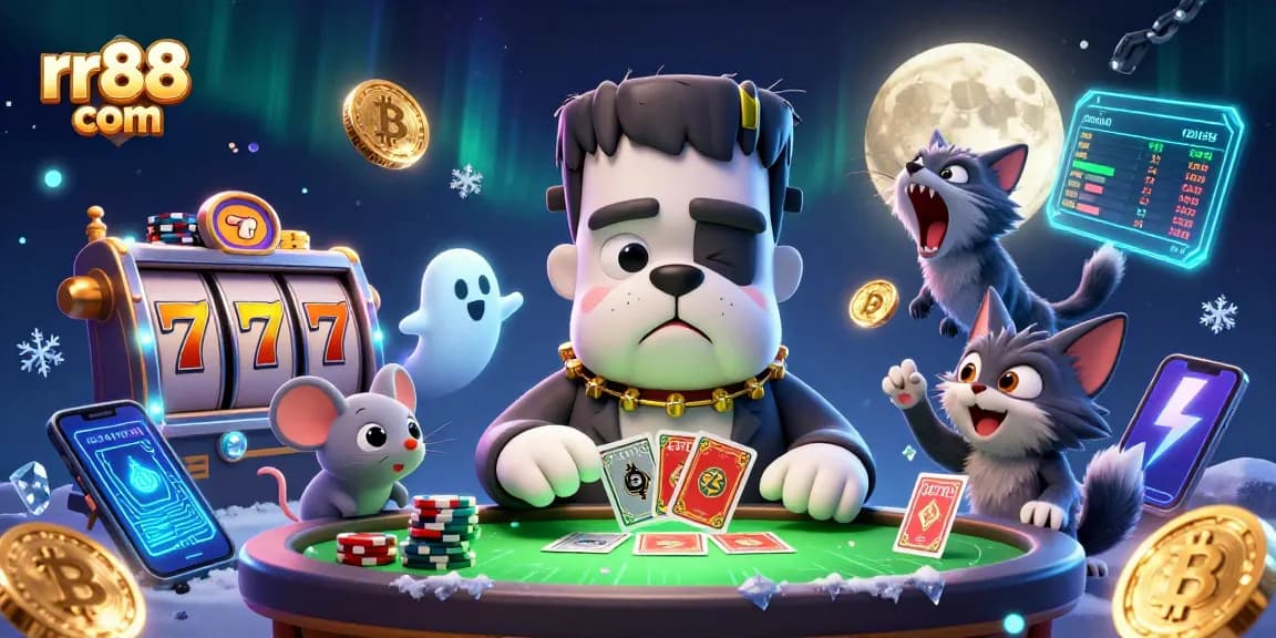Enjoy exciting games at rr88 com with a vibrant scene featuring a Frankenstein bulldog monster, ghost mouse, and werewolf kitten