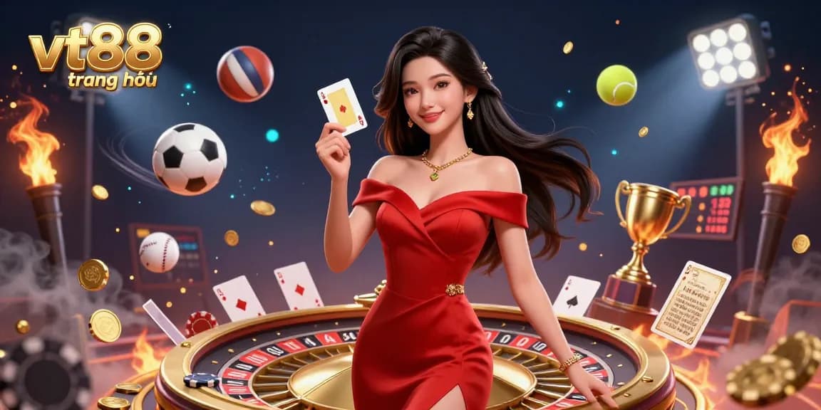 Experience the thrill at vt88 trang chủ with a stunning illustration showcasing vibrant casino elements and a poised dealer.
