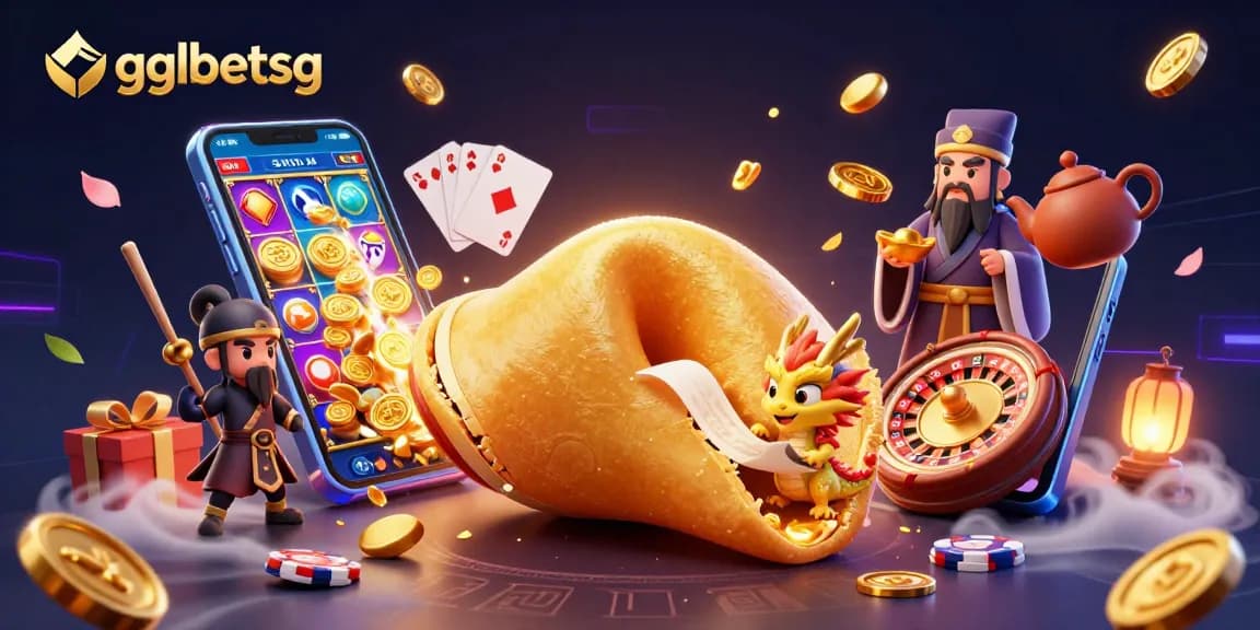 gglbetsg illustrates a vibrant esports betting scene featuring a golden fortune cookie and animated characters.