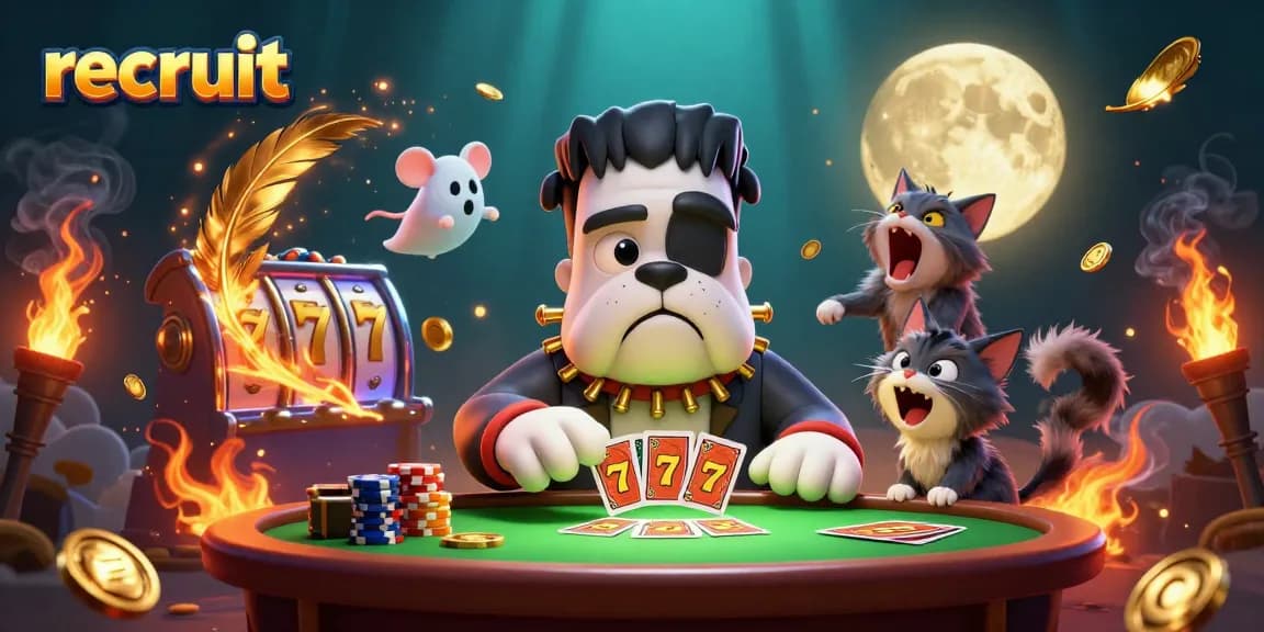 Recruit your luck at the casino with lively characters and engaging games in this colorful illustration.