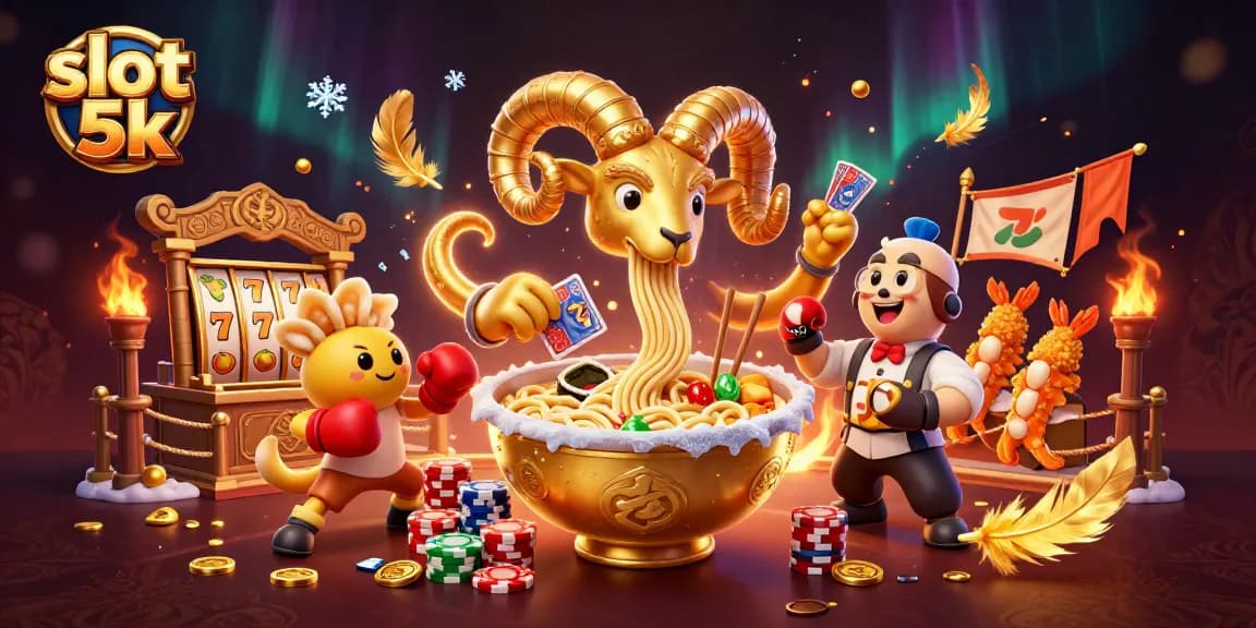 Experience the excitement of slot 5k with a vibrant 3D illustration showcasing dynamic game elements and characters.
