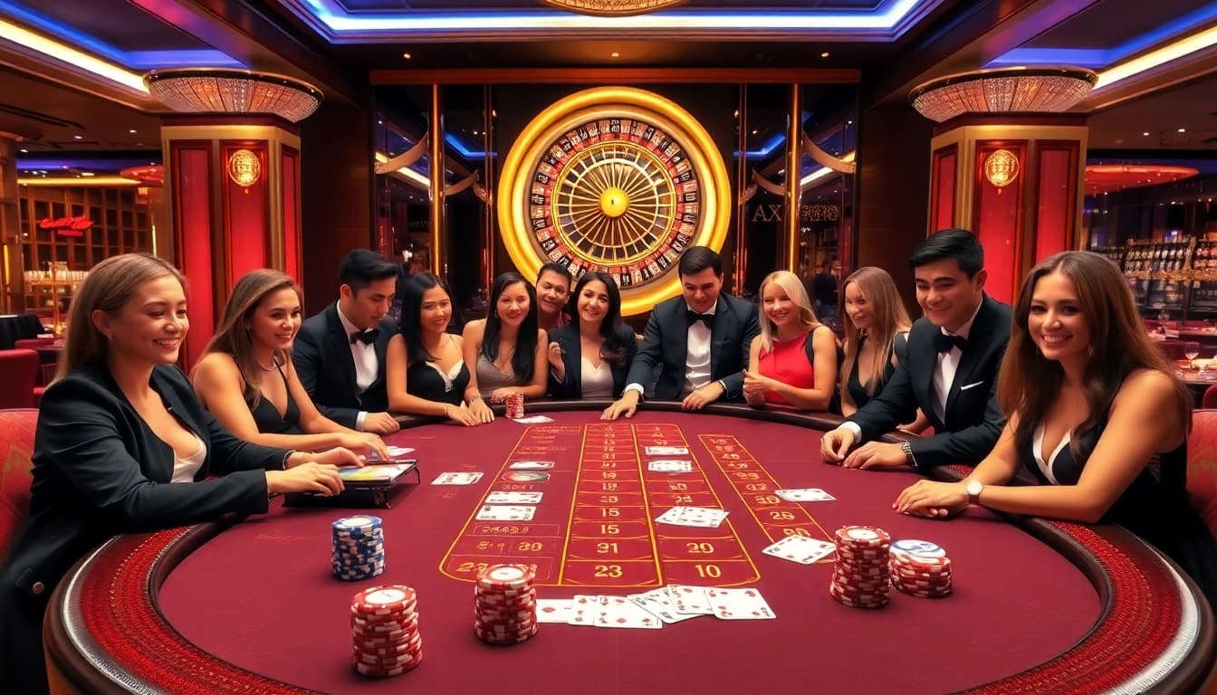 A vibrant Baccarat table scene with excited players engaging in online gambling at https://xx88.us/ showcasing luxury and excitement.