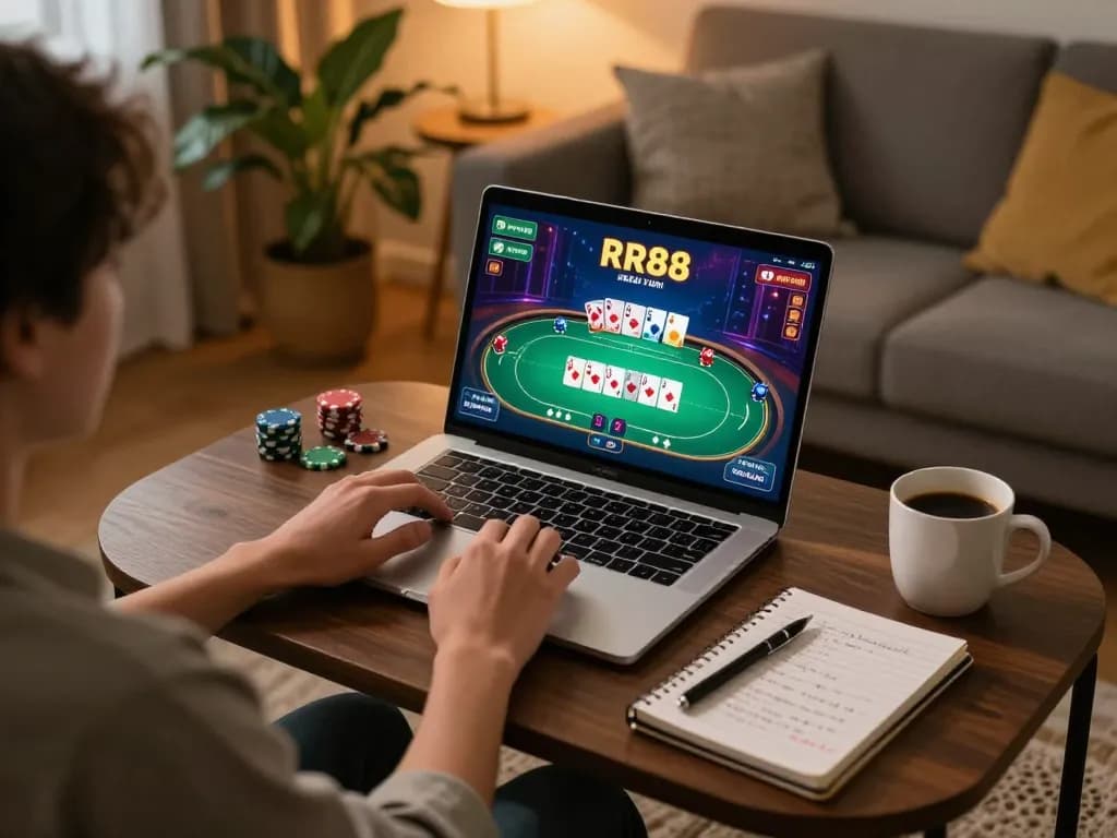 Engaging gameplay at RR88 on a laptop showing poker interface in a cozy home setting.