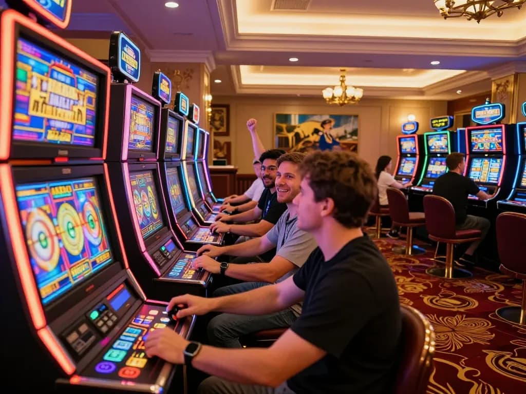 Play exciting slot machines at zbet com with players celebrating wins in a vibrant casino.