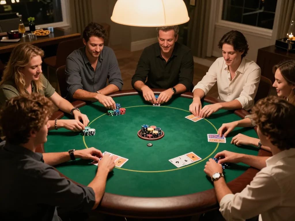 MPOID poker night with friends showcasing competitive card game, colorful chips and warm atmosphere