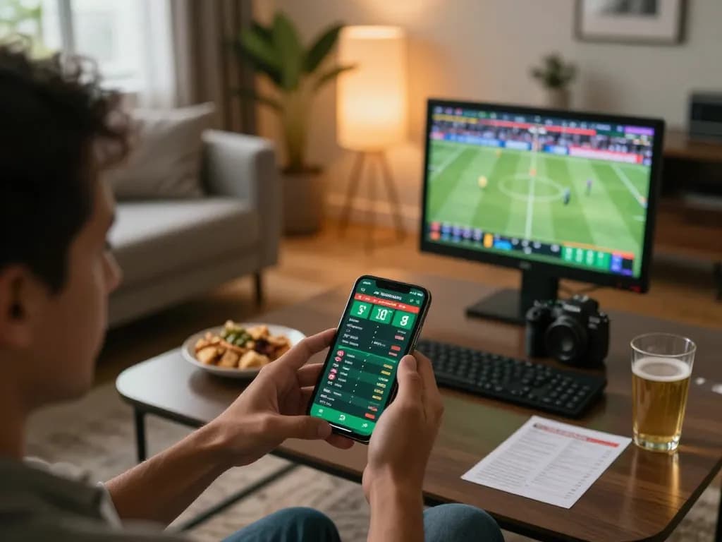 Engaging moment of LGOGOAL mobile sports betting with a user analyzing odds and embracing excitement