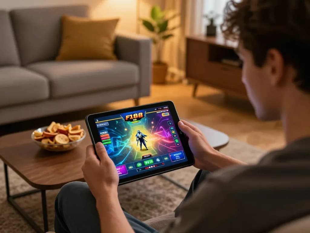Player engaging with F168 casino app on tablet, showcasing an immersive online gambling experience.