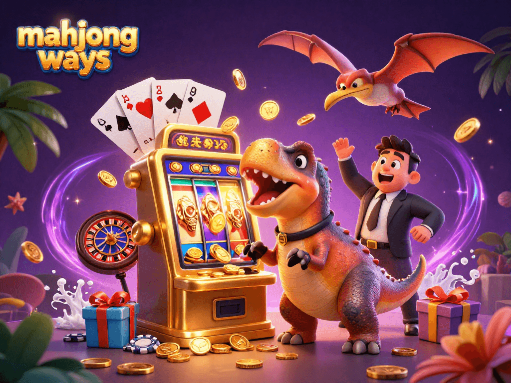 Engage with mahjong ways as the pachycephalosaurus strikes a jackpot slot, coins flying everywhere in the vibrant scene.