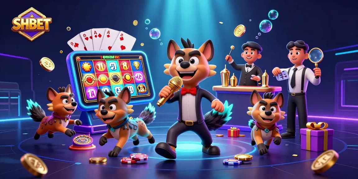 Experience SHBET's vibrant casino atmosphere with hyenas hosting games and comedy.