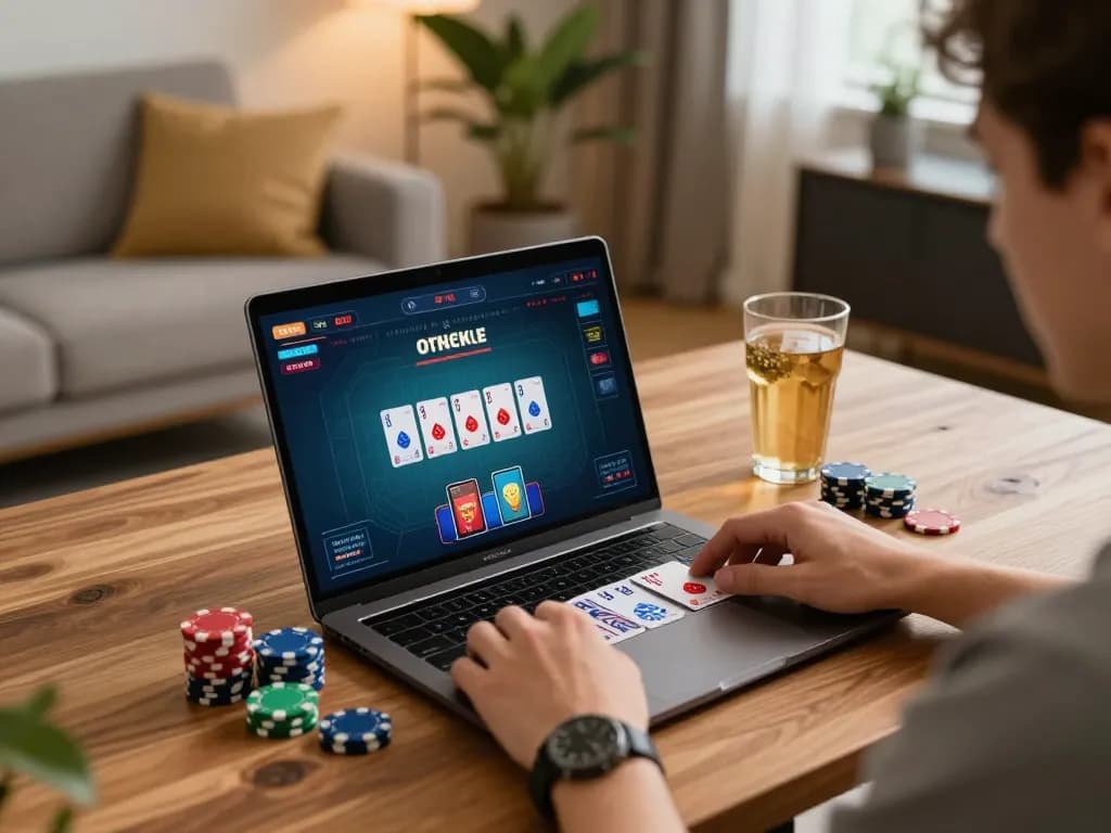 Engaging in online poker at a legit online casino from the comfort of home, focused on gameplay.