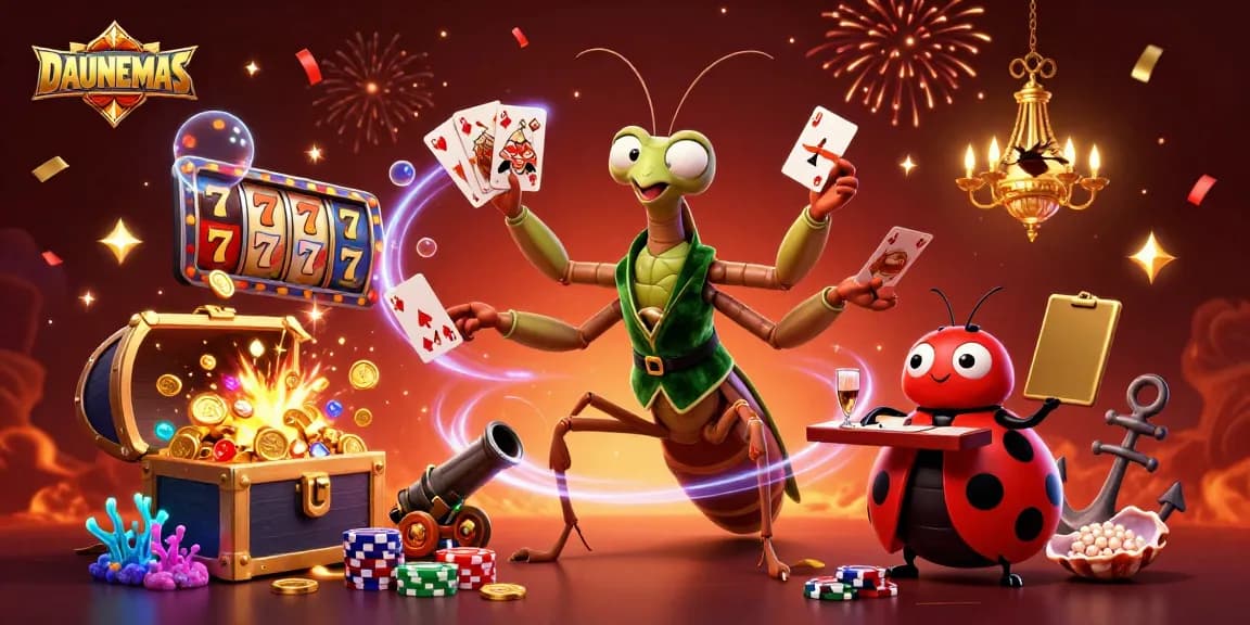 Experience DAUNEMAS' slot excitement with giant card sharp and festive casino elements.