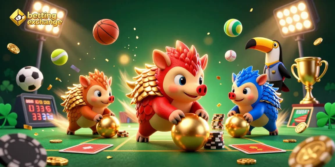 Experience dynamic betting exchange action with rival pangolins and sports elements in 3D illustration.