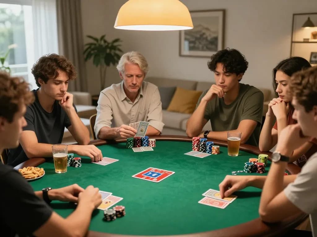 Participants engaged in an intense game at a PERI11 home poker night with vibrant chips and warm lighting.