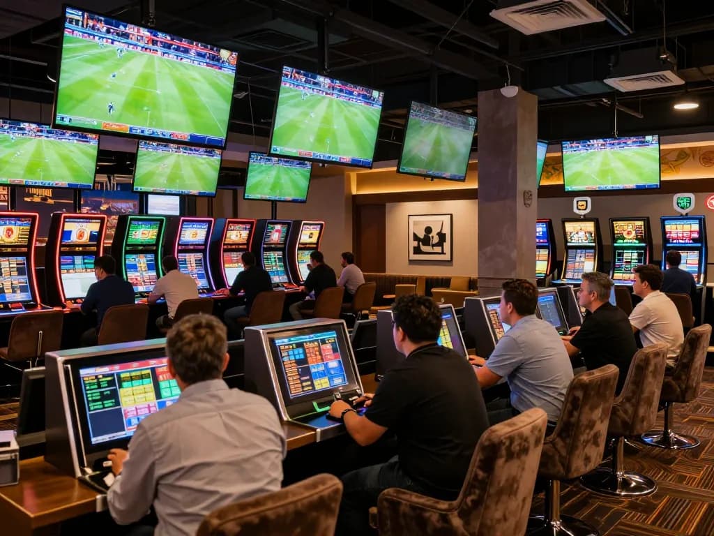 Cà Khịa TV enthusiasts placing bets in a stylish sports betting lounge.