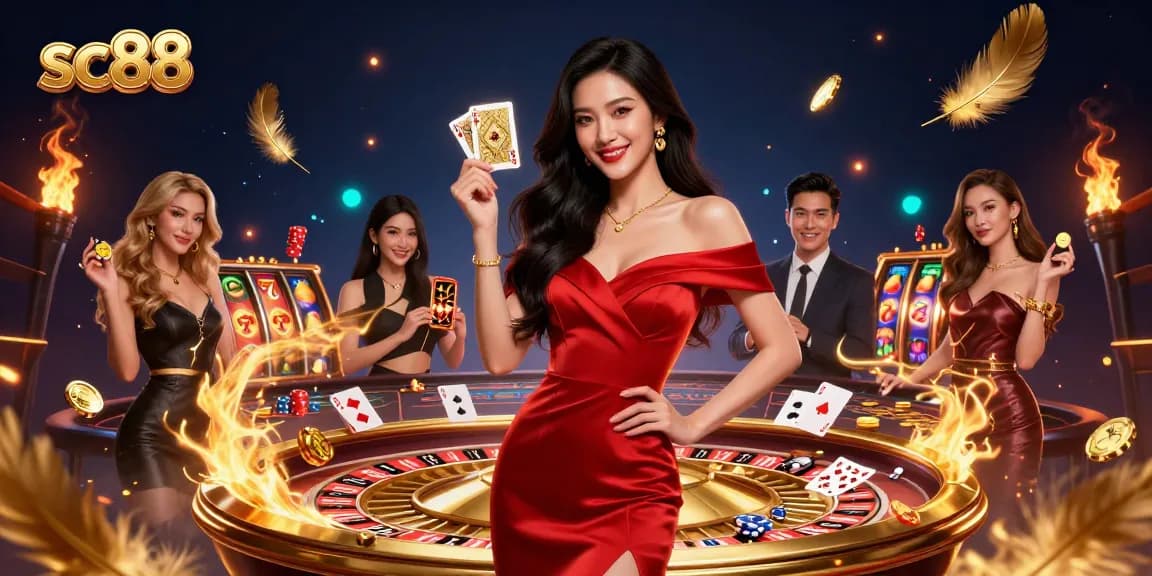 Experience the excitement at SC88 with a beautiful Asian woman in casino attire, playing cards, and roulette.