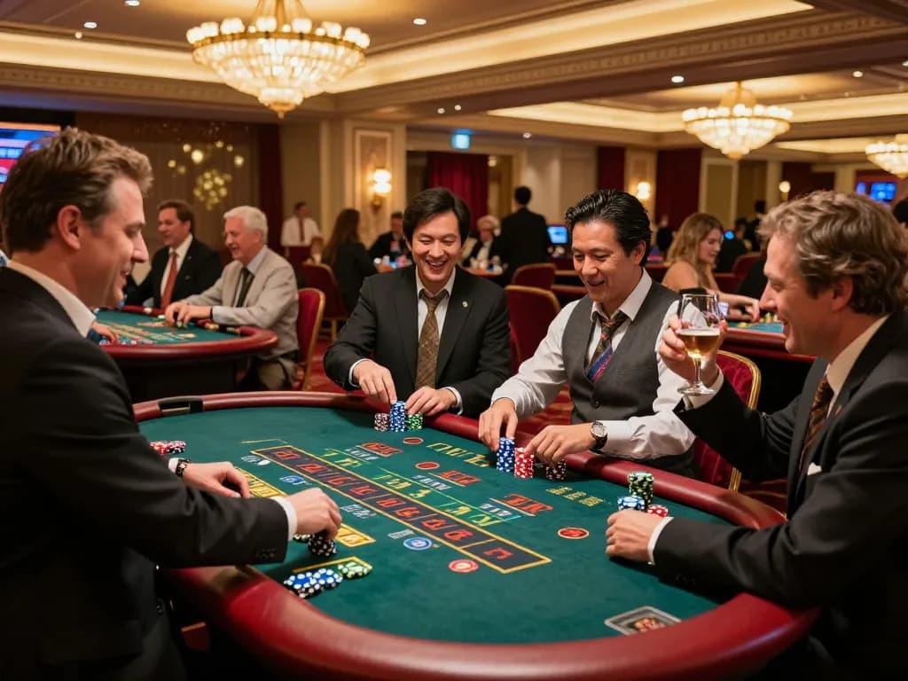 mm88 players excitingly betting at a vibrant casino floor during the evening.