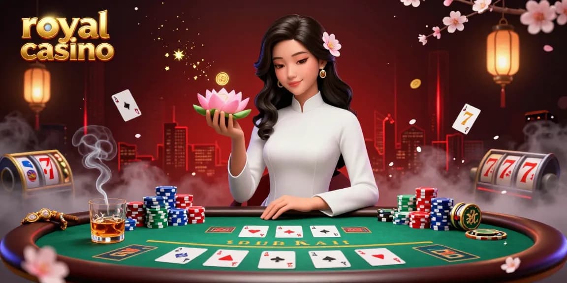 Experience the thrill of royal casino with vibrant poker elements and an elegant Asian character surrounded by stunning visuals.