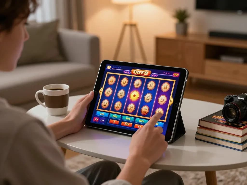 Nohu1 player engaging with a vibrant online slot machine game, set in a cozy home environment.