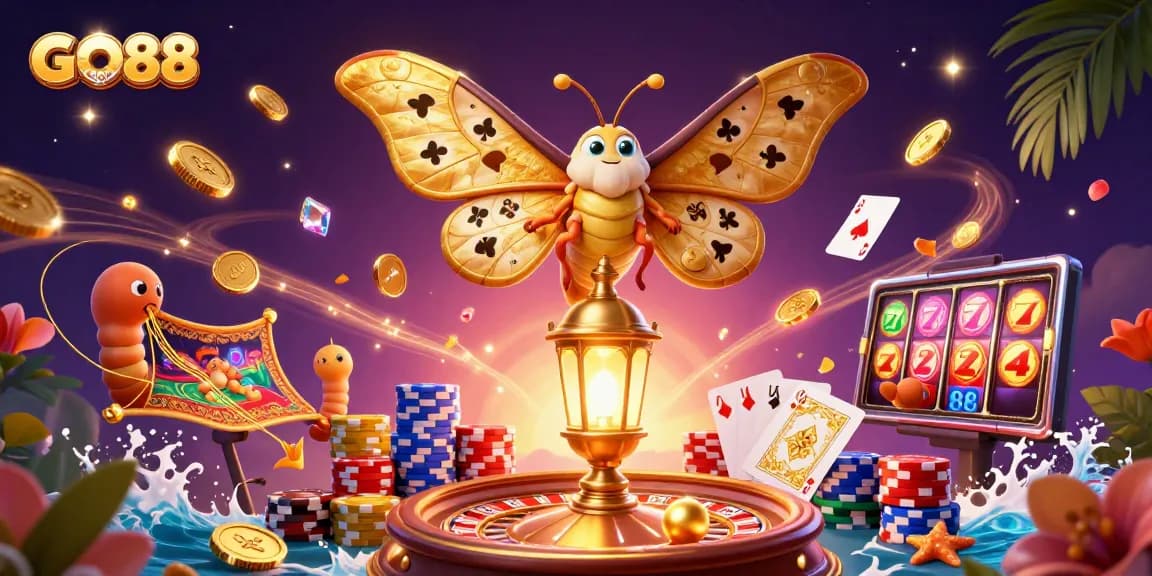 Experience GO88 with dynamic gameplay, showcasing golden-winged moths amidst casino action.